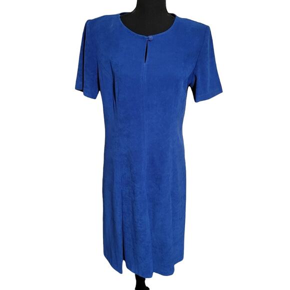 Vintage R & K Originals Blue Vegan Suede Pleated Fit and Flare Dress, Sz 10 - Picture 1 of 9